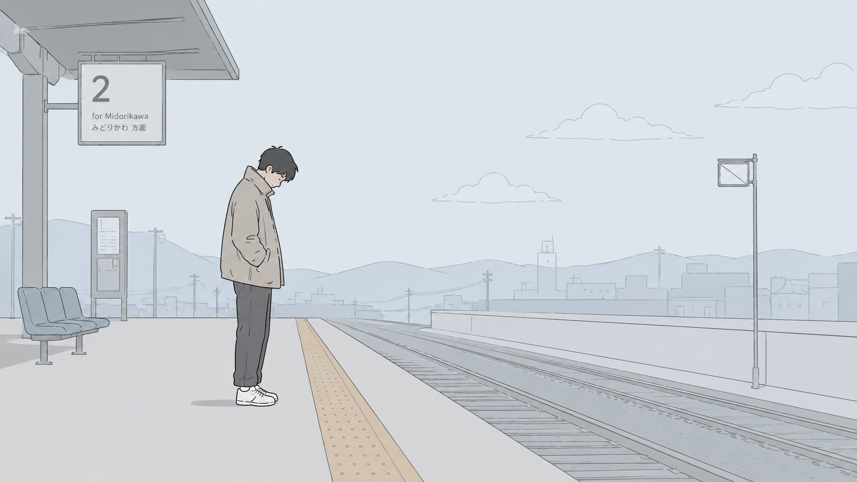 駅のホームで下を向く人のイラスト