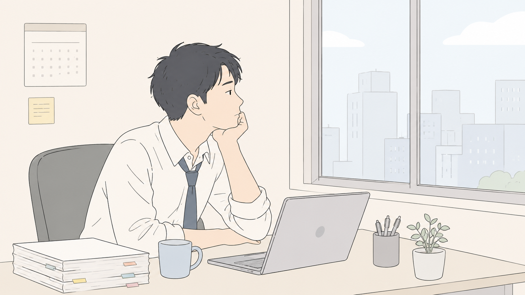 オフィスで窓の外を眺めるイラスト
